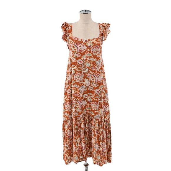 HOUSE OF HARLOW Dress‎ Womens Sz M Rust Floral Print Flutter Sleeve Midi Paisley - Picture 1 of 13